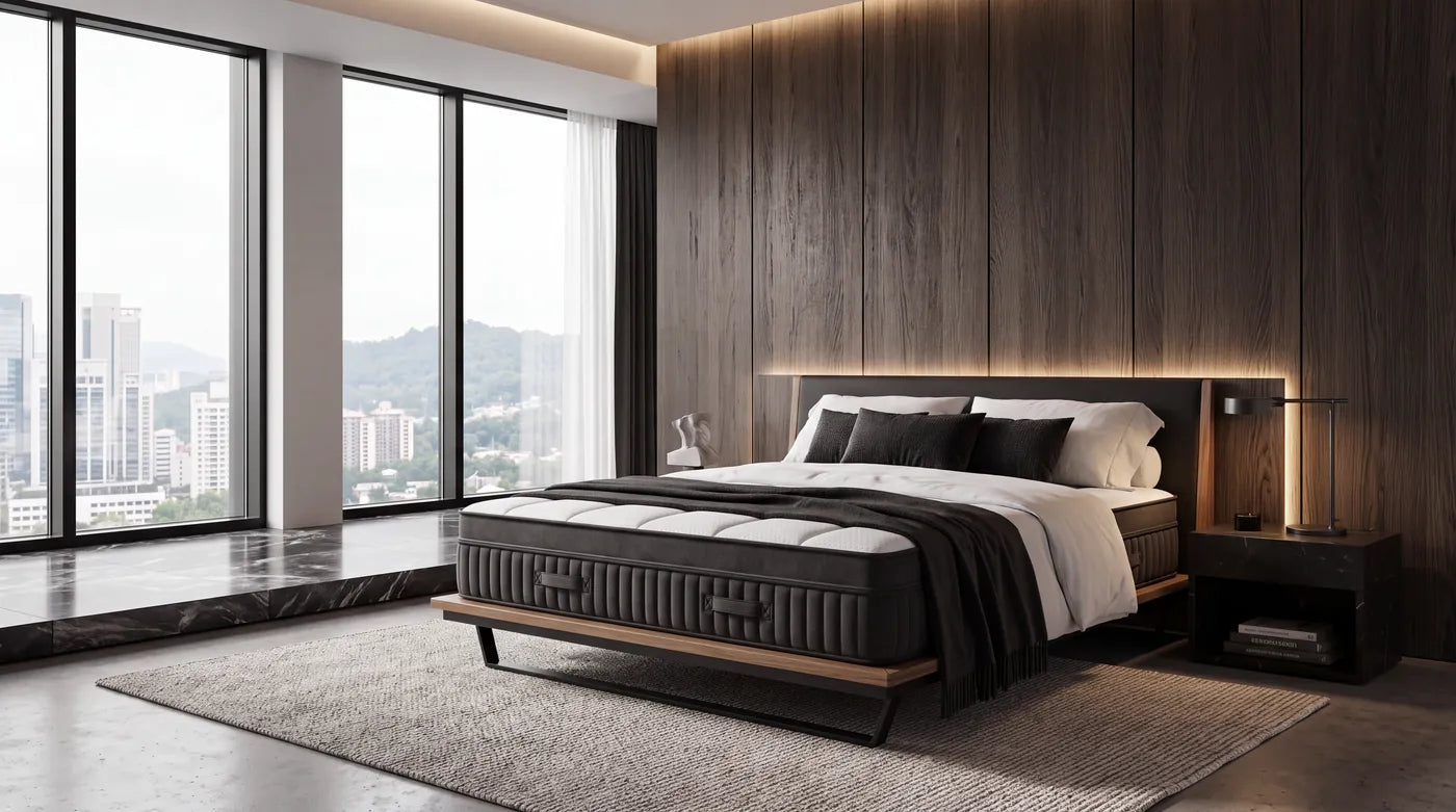 A split king bed dressed as one