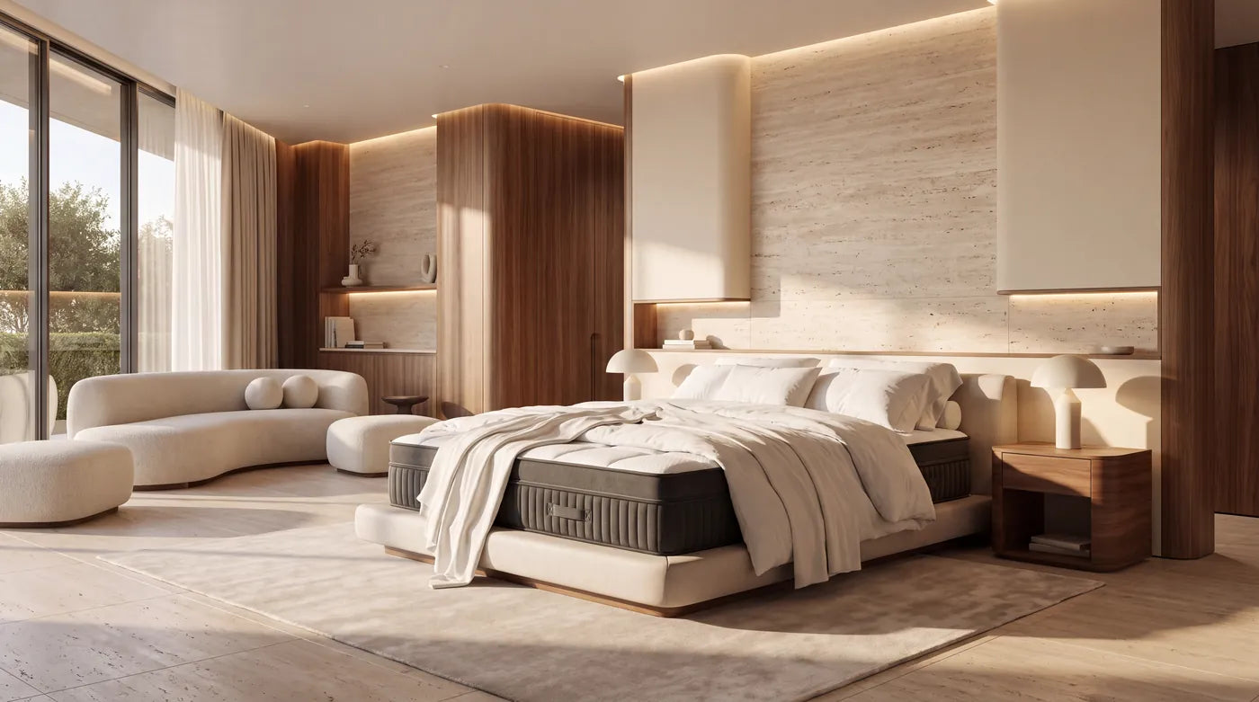 A wide bedroom with a large mattress